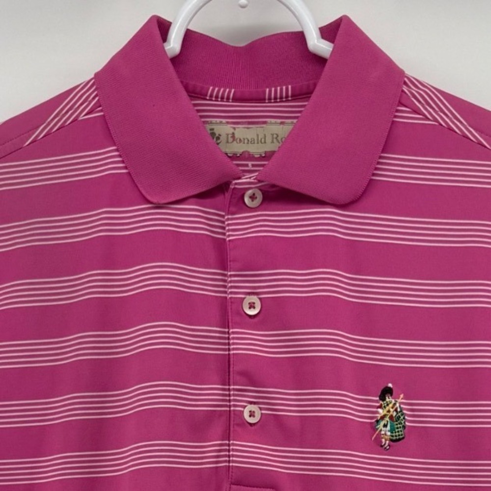 Donald Ross Mens Pink Striped Short Sleeve Golf Polo Shirt Bagpiper Logo Size S